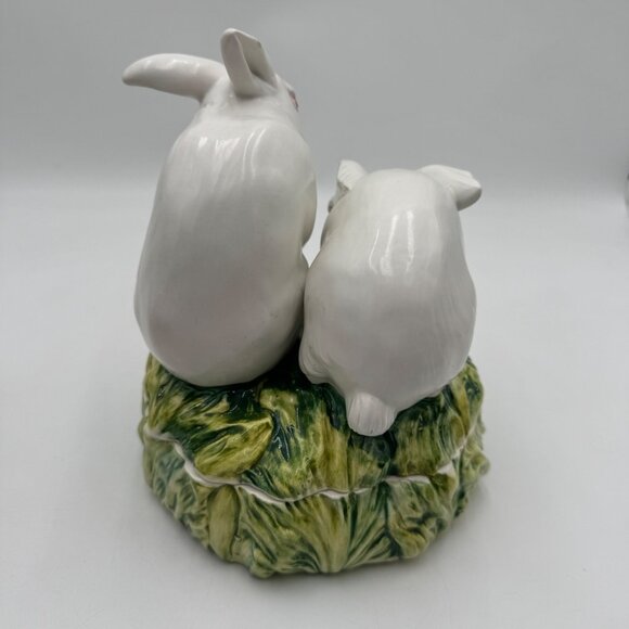 Pair of Bunny on top an  ITALIAN CACHEPOT Easter spring large read white green - Picture 6 of 16